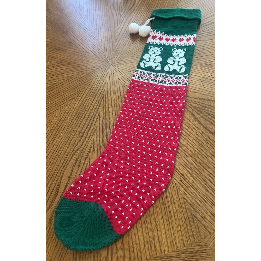 Vintage Christmas Stocking Teddy Bear Red Green Knit 80s 90s Cottagecore 27"